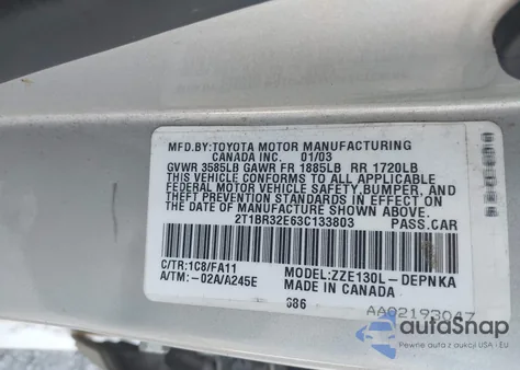 2003 Toyota Corolla Le из США, поврежденный, VIN 2T1BR32E63C133803